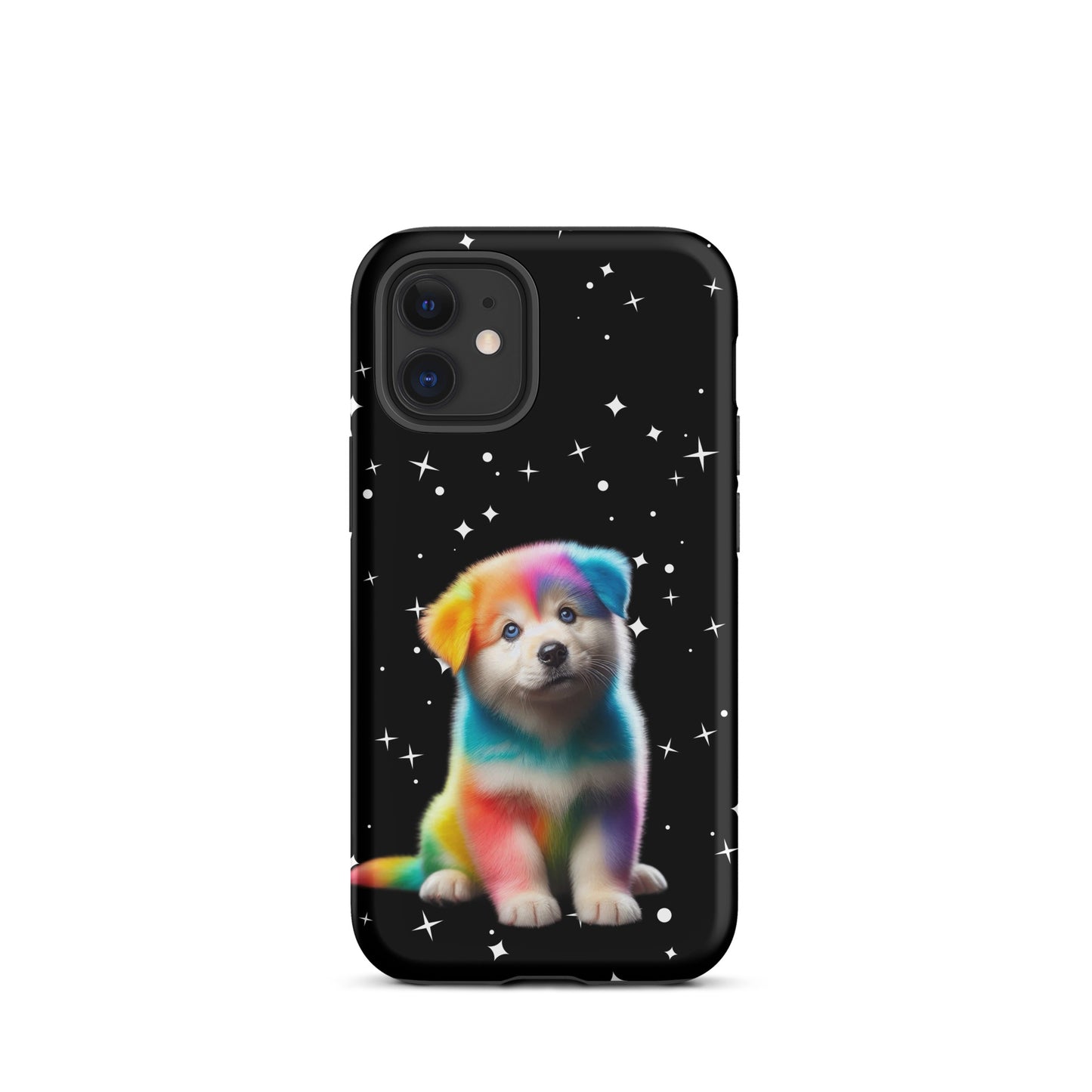 Phone Case with rainbow puppy design and starry night background for iPhones