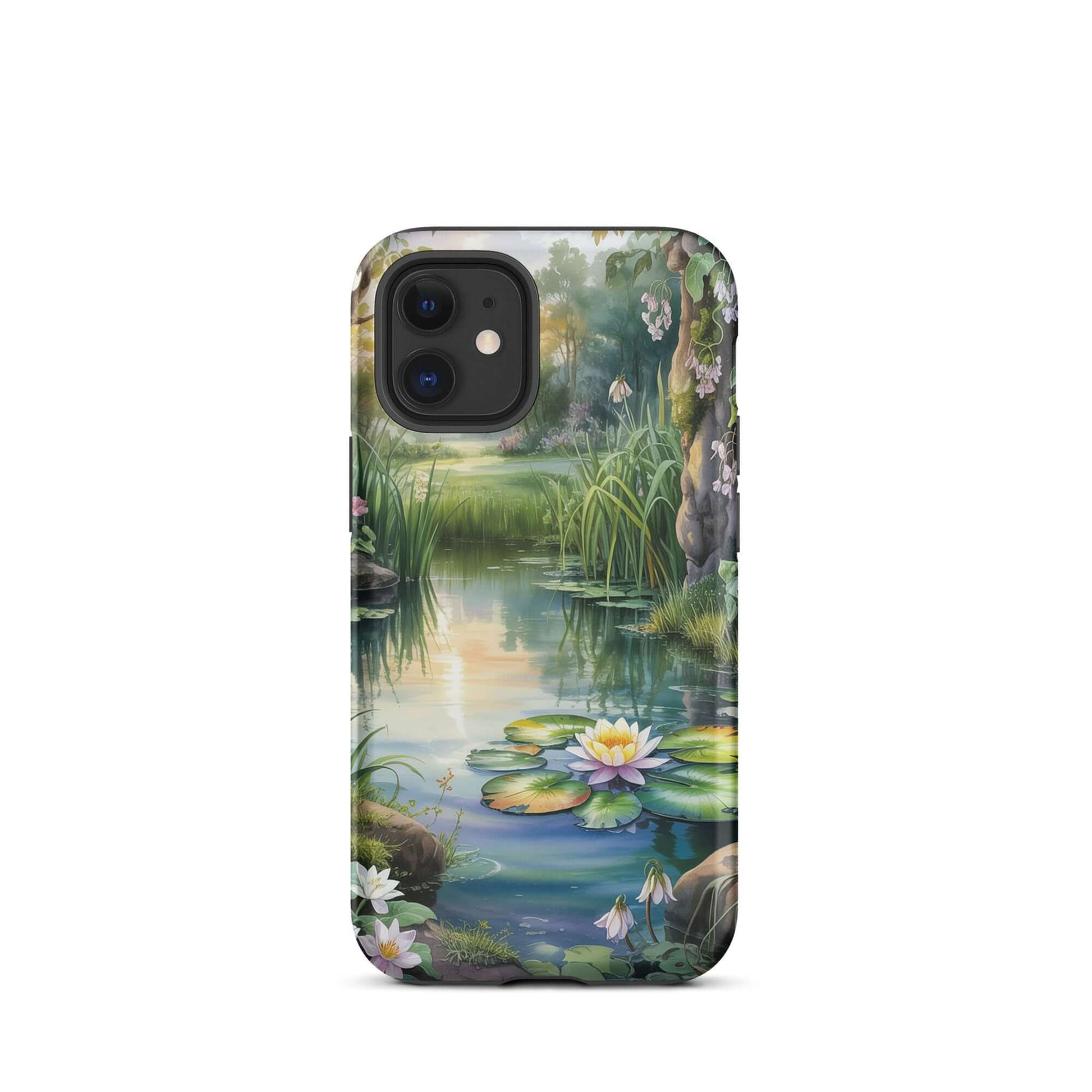 Phone Case for iPhone with enchanted pond design featuring water lilies, wildflowers, and sunset reflections.