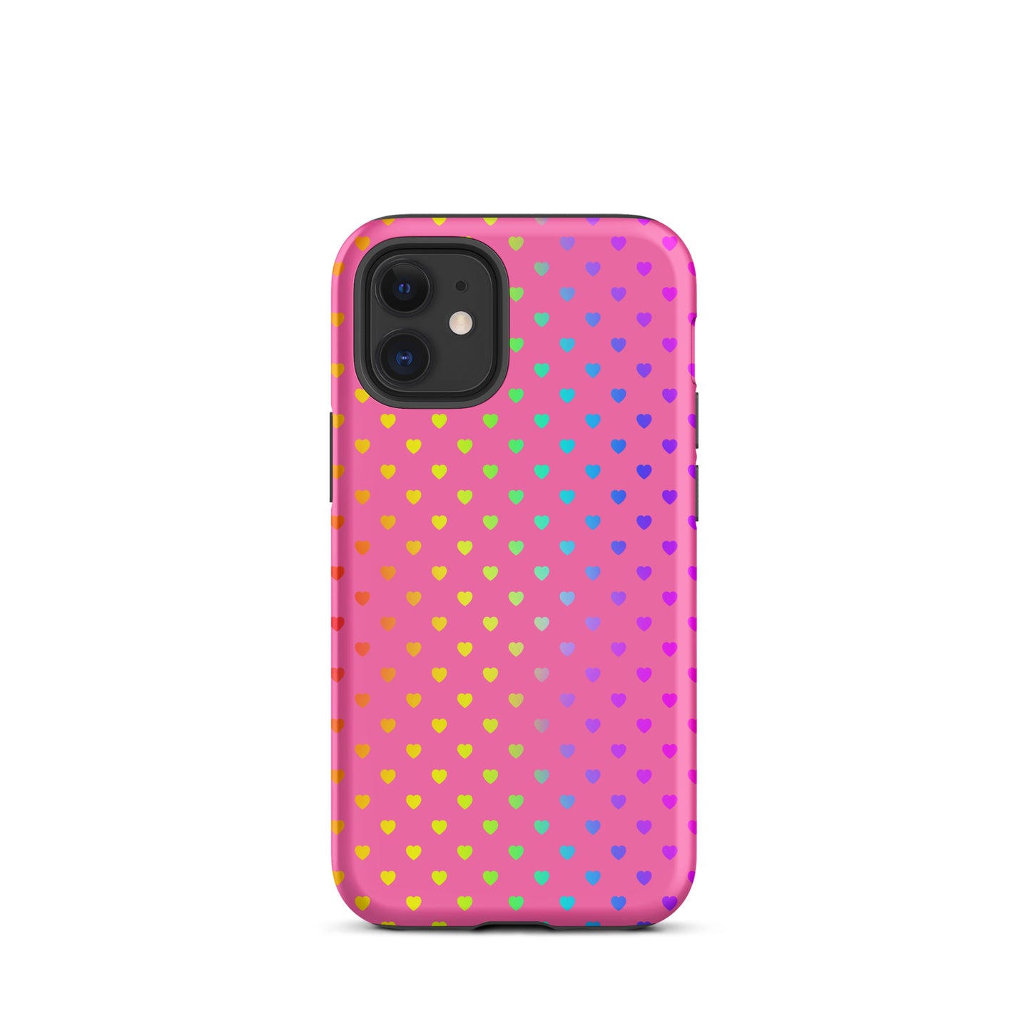 Phone Case for iPhone with cute rainbow heart design on pink background