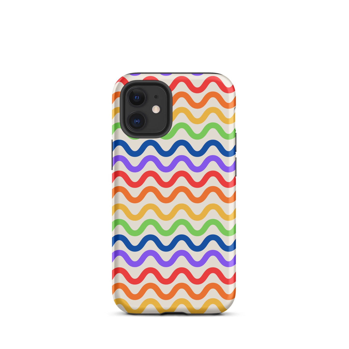 Phone Case for iPhone with wavy rainbow pattern in purple, red, orange, yellow, green, and blue on a white background.