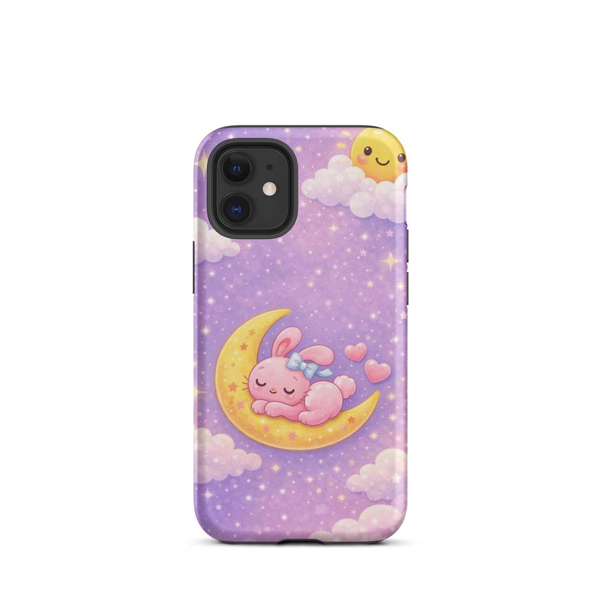 Phone Case for iPhone with dreamy bunny on crescent moon design in pastel nighttime sky, perfect for charm and comfort lovers.