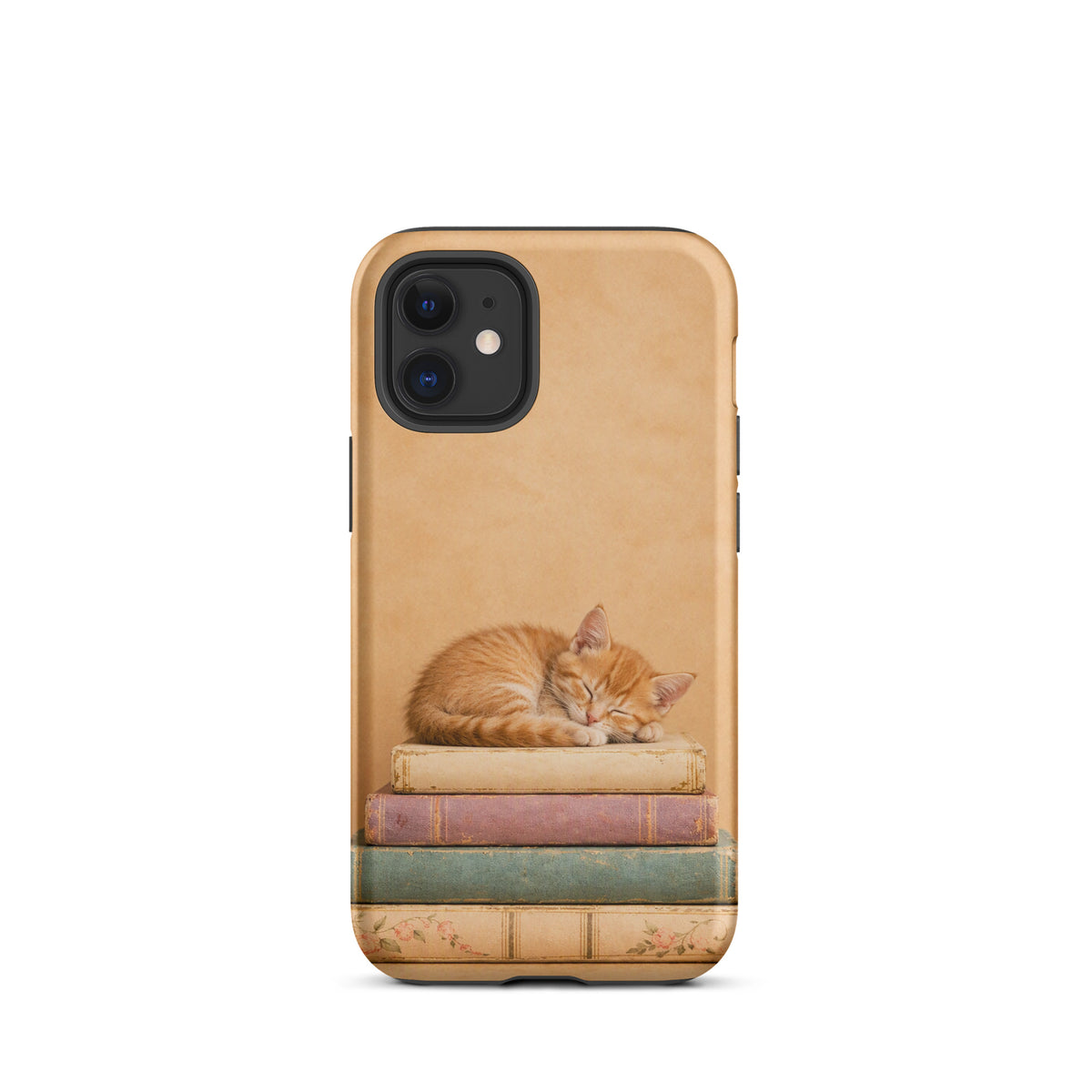 Phone Case with Sleeping Kitten on Vintage Books for iPhone, featuring warm neutral colors and soft cat illustration.