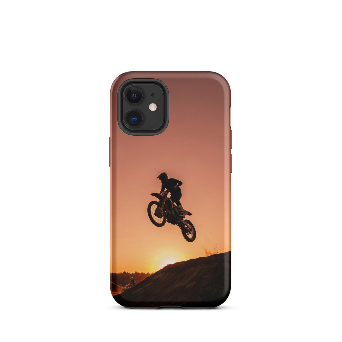 Phone Case for iPhone with motocross dirt bike sunset design and dramatic silhouette jump.