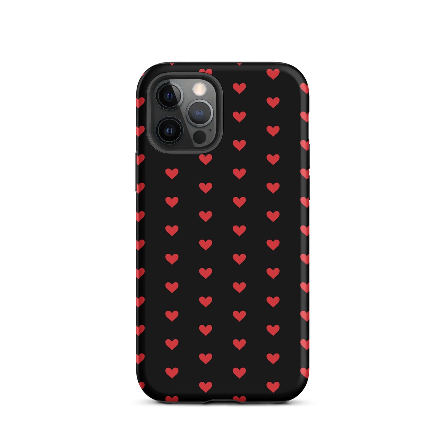 Phone Case for iPhone featuring fiery red hearts on a black background, combining style and protection.