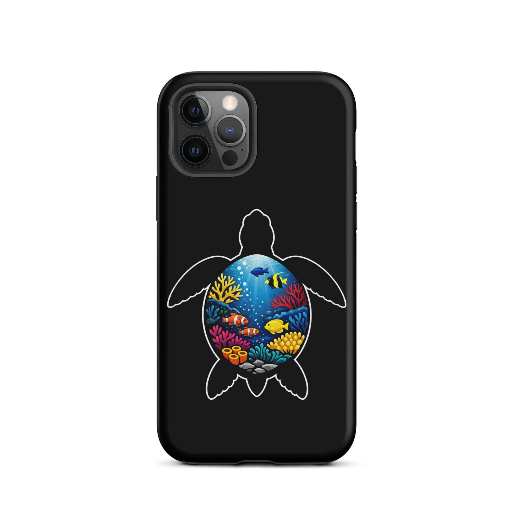 Phone Case for iPhone featuring a vibrant sea turtle reef design on a black background.