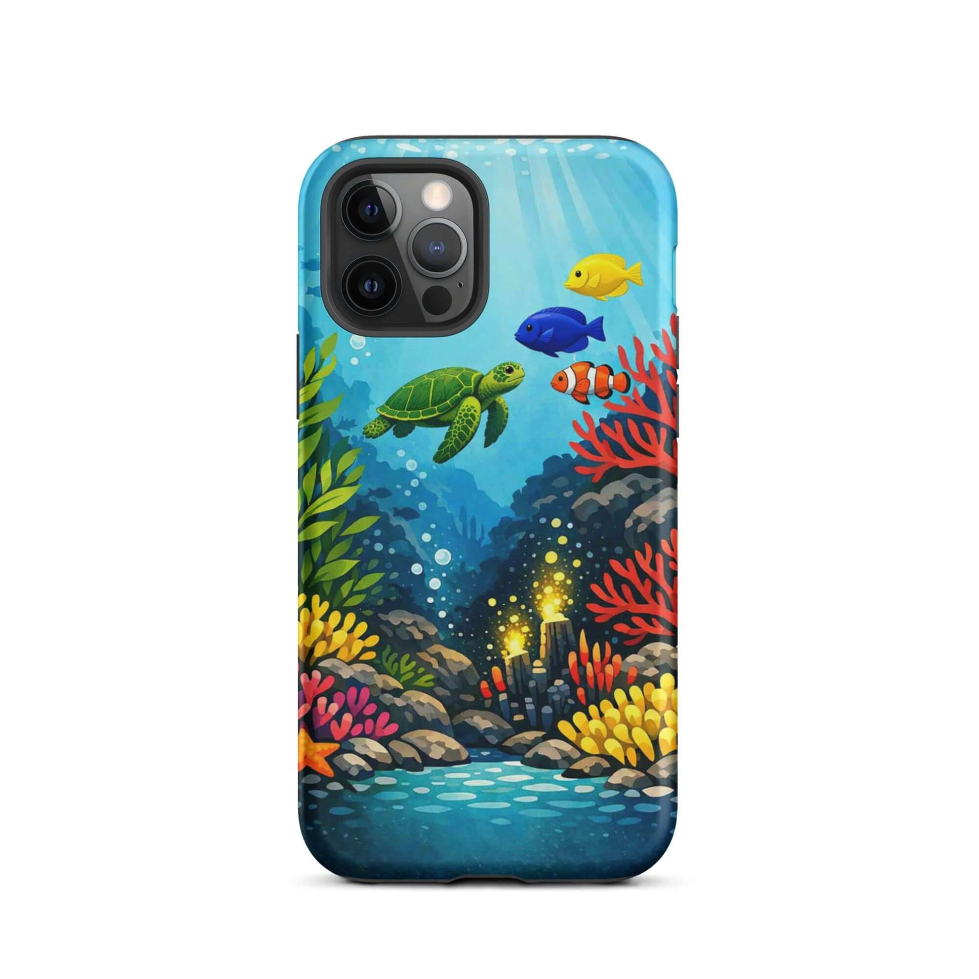 Phone case featuring vibrant sea turtle and coral reef design, bringing ocean magic to your iPhone.