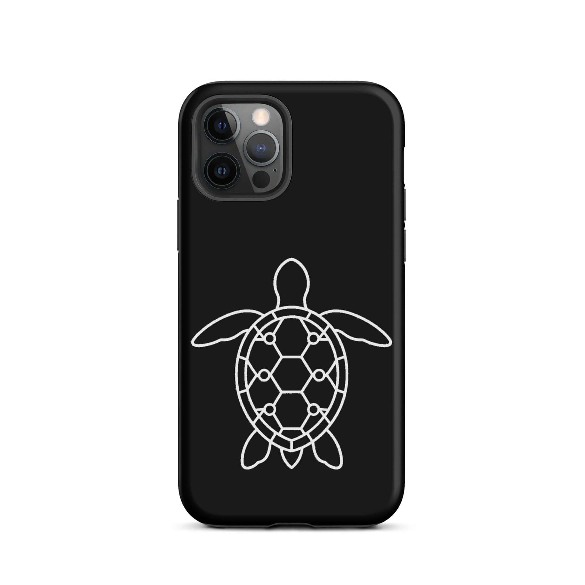 Phone case featuring a minimalist sea turtle silhouette design on a black background, showcasing a geometric shell pattern.