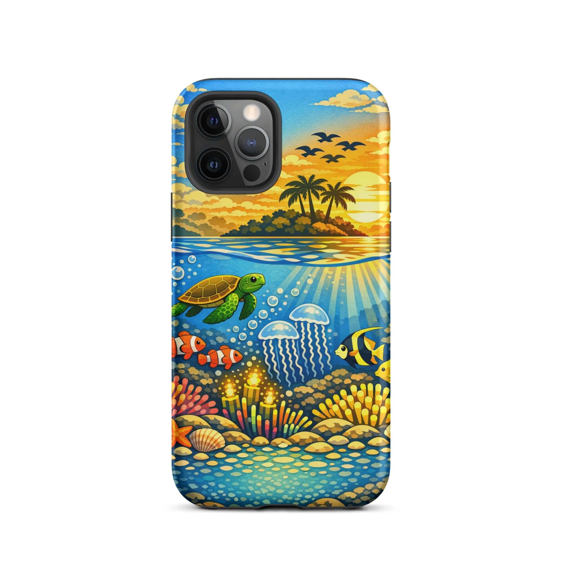 Phone Case featuring a tropical sunset and vibrant underwater reef with sea turtles and coral.