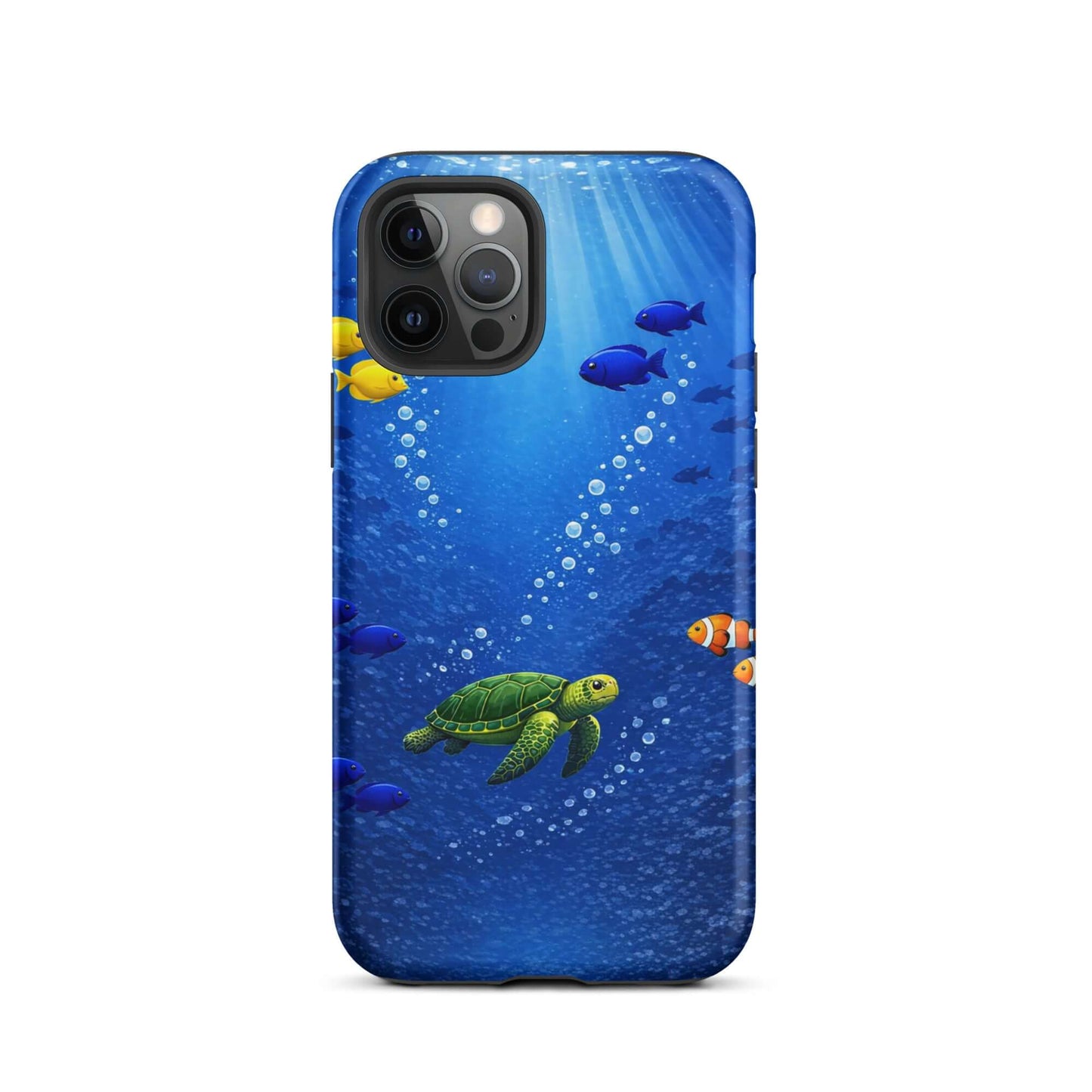 Phone Case for iPhone featuring a sea turtle and tropical fish design in deep blue waters.