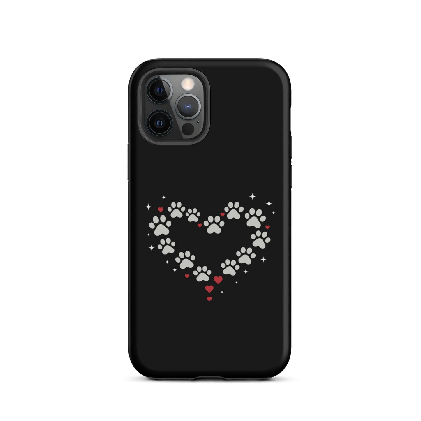 Phone Case for iPhone featuring a paw-print heart design on a black background, perfect for pet lovers.