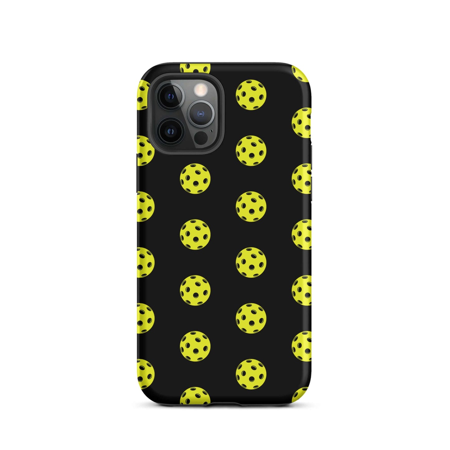 Phone Case featuring a playful pickleball pattern on a black background for sporty style.
