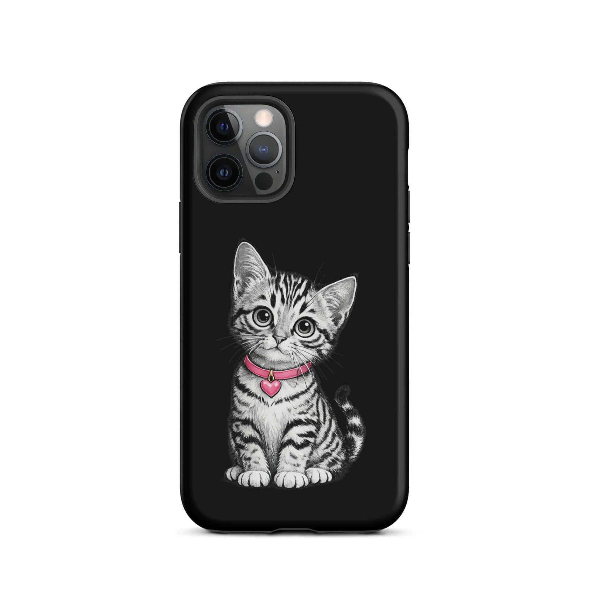 Phone Case featuring pencil sketch kitten with pink heart charm on iPhone, offering stylish and premium protection.