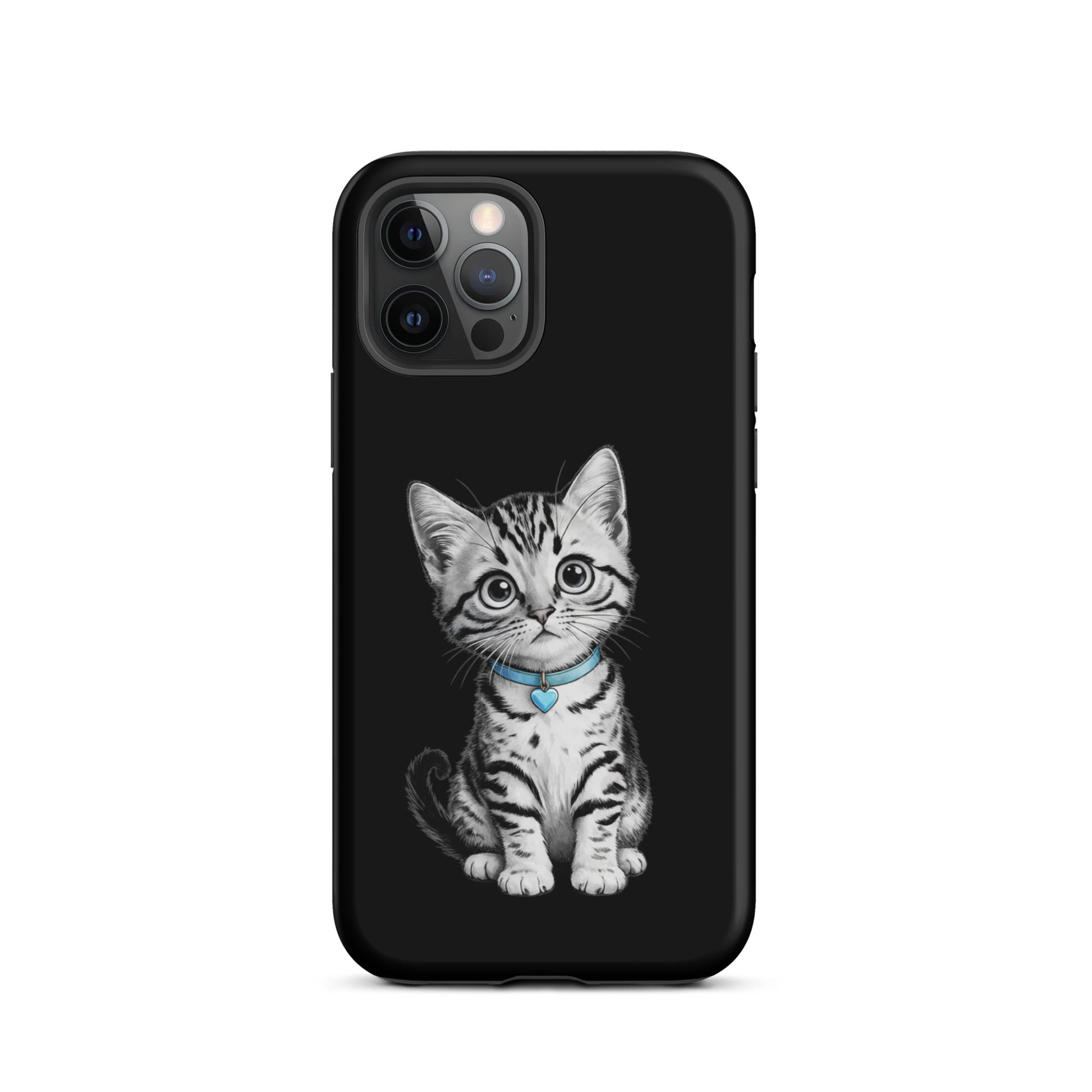 Phone Case for iPhone with pencil sketch kitten and blue heart charm design, offering artful charm and premium protection.