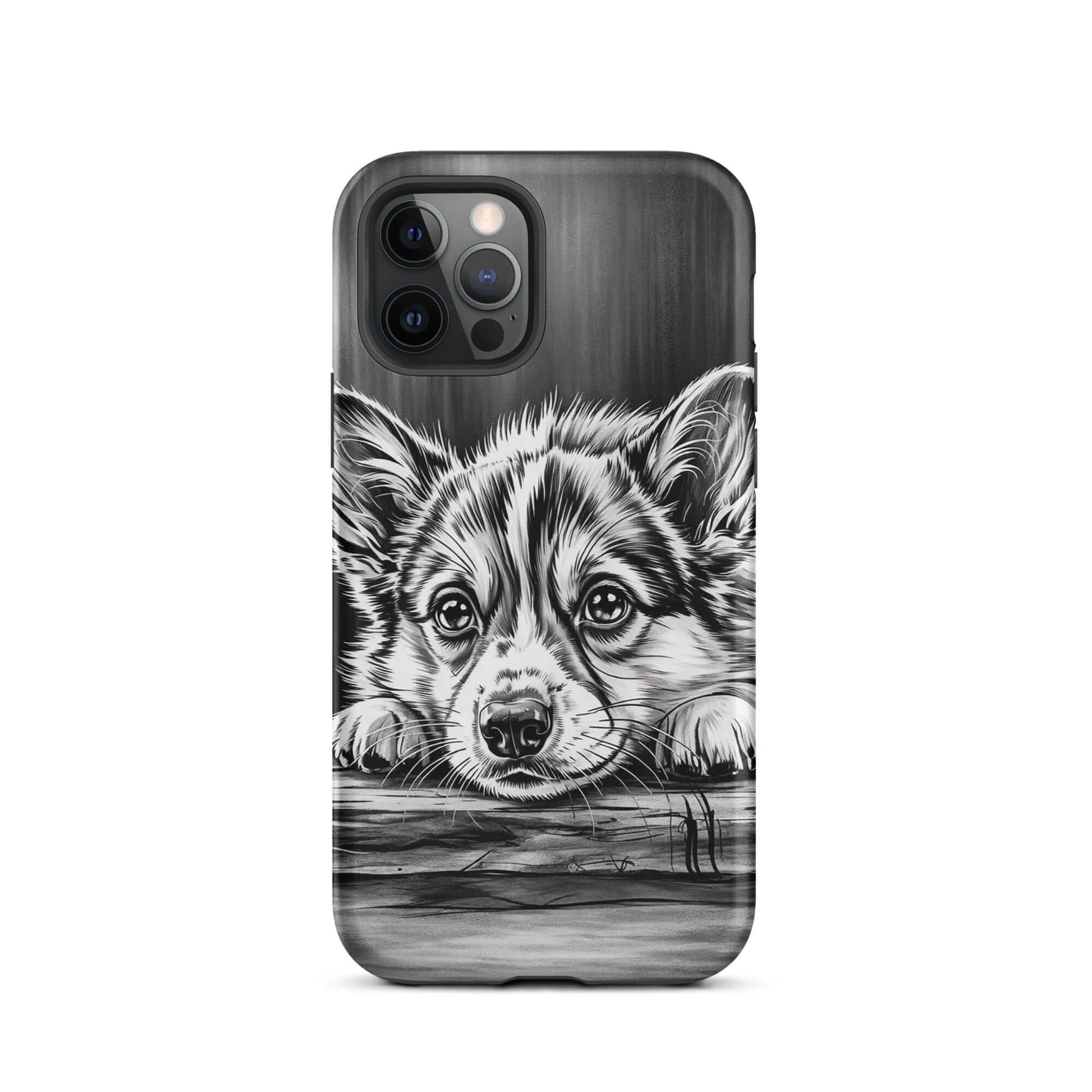 Phone Case for iPhone with elegant puppy art design, black-and-white illustration of a puppy on wood, premium protection and artistic charm.