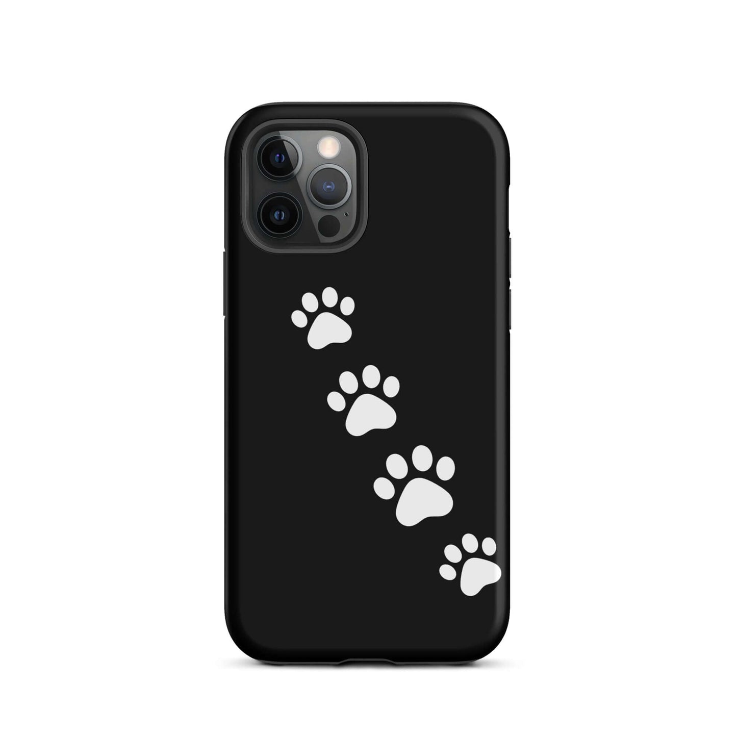 Phone case for iPhone with diagonal paw-print trail design on black background for pet lovers.