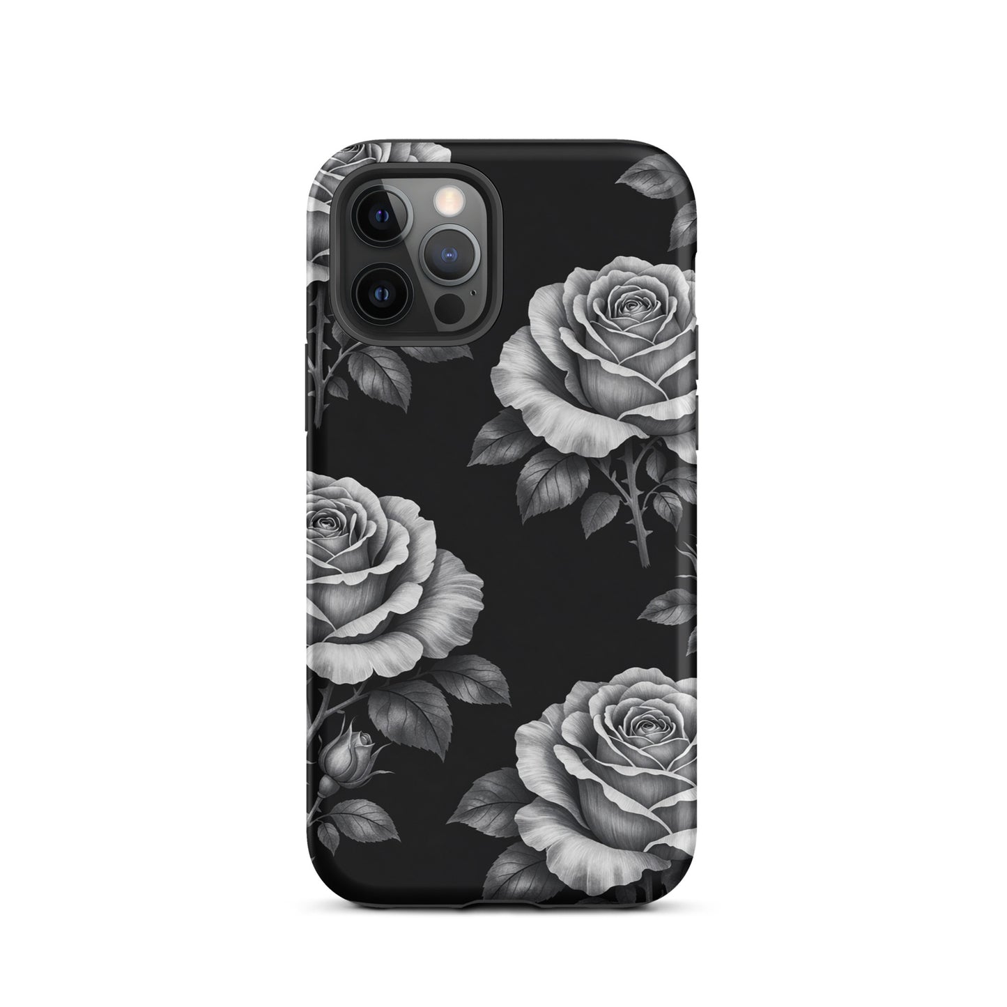 Phone Case for iPhone with rose garden pattern, featuring hand-sketched roses on a black background for a floral charm and contrast look.