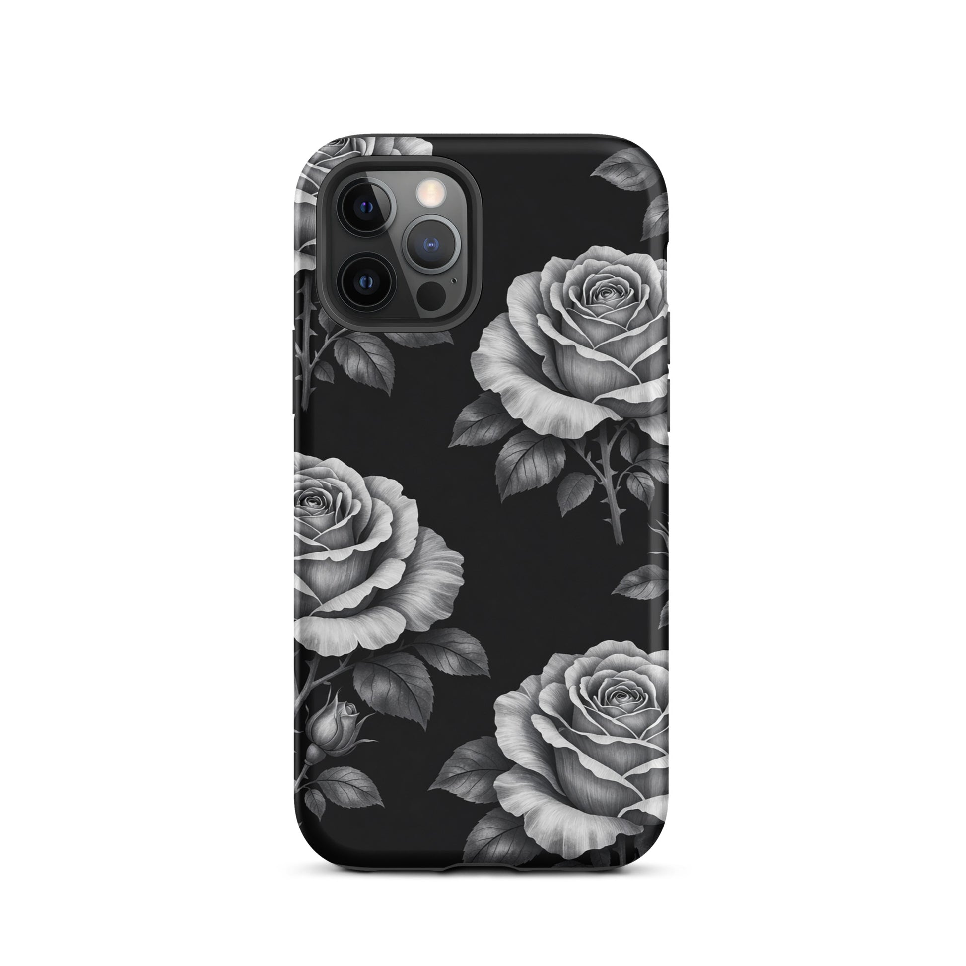 Phone Case for iPhone with rose garden pattern, featuring hand-sketched roses on a black background for a floral charm and contrast look.