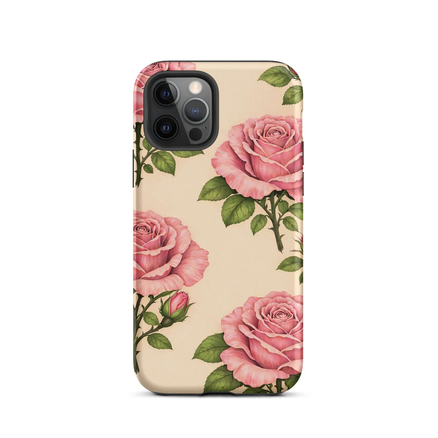 Phone Case with pink rose garden design on cream background, featuring lush pink roses and rosebuds for iPhone.