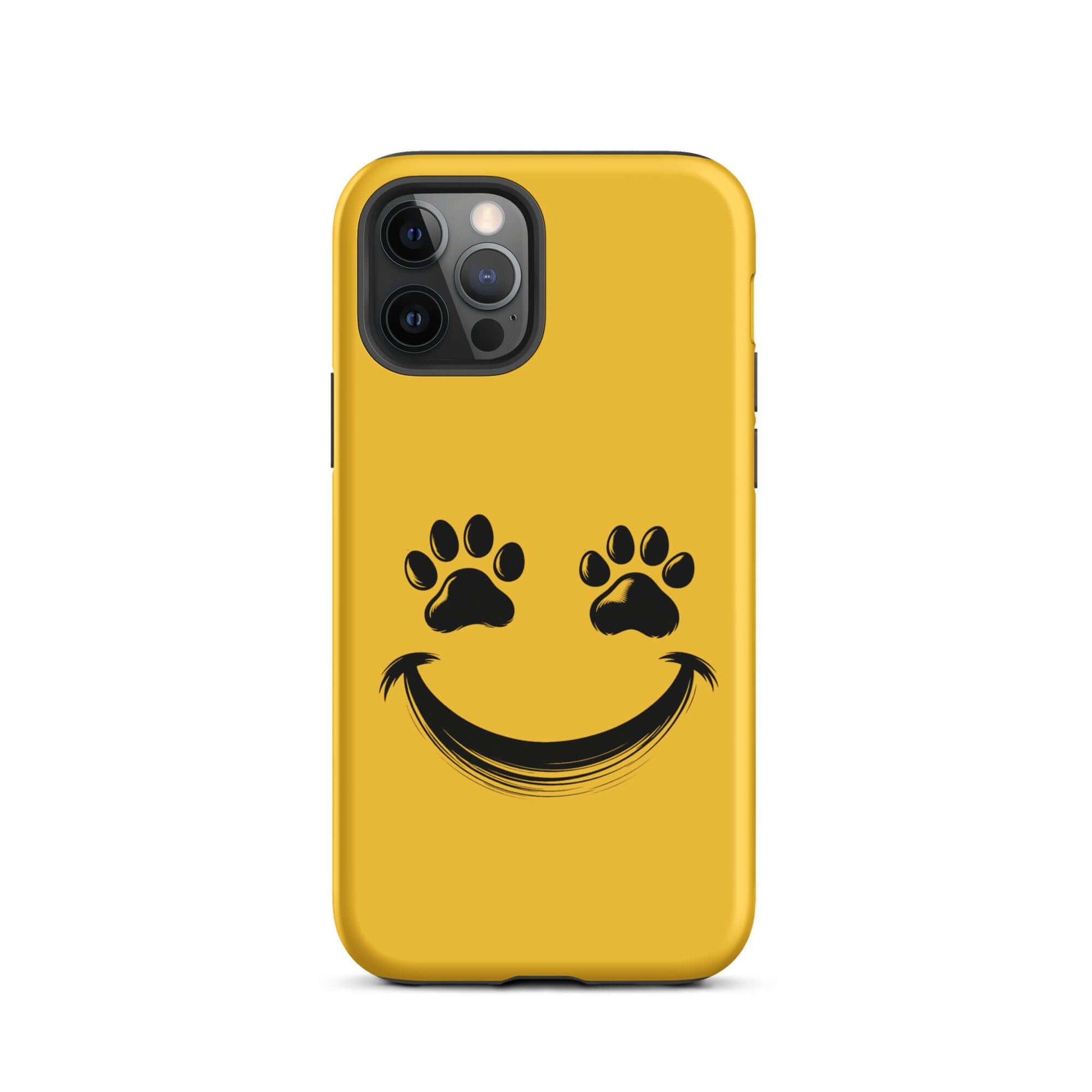 Yellow Phone Case for iPhone with a playful smiley face and paw print eyes, perfect for pet lovers seeking unique and durable design.