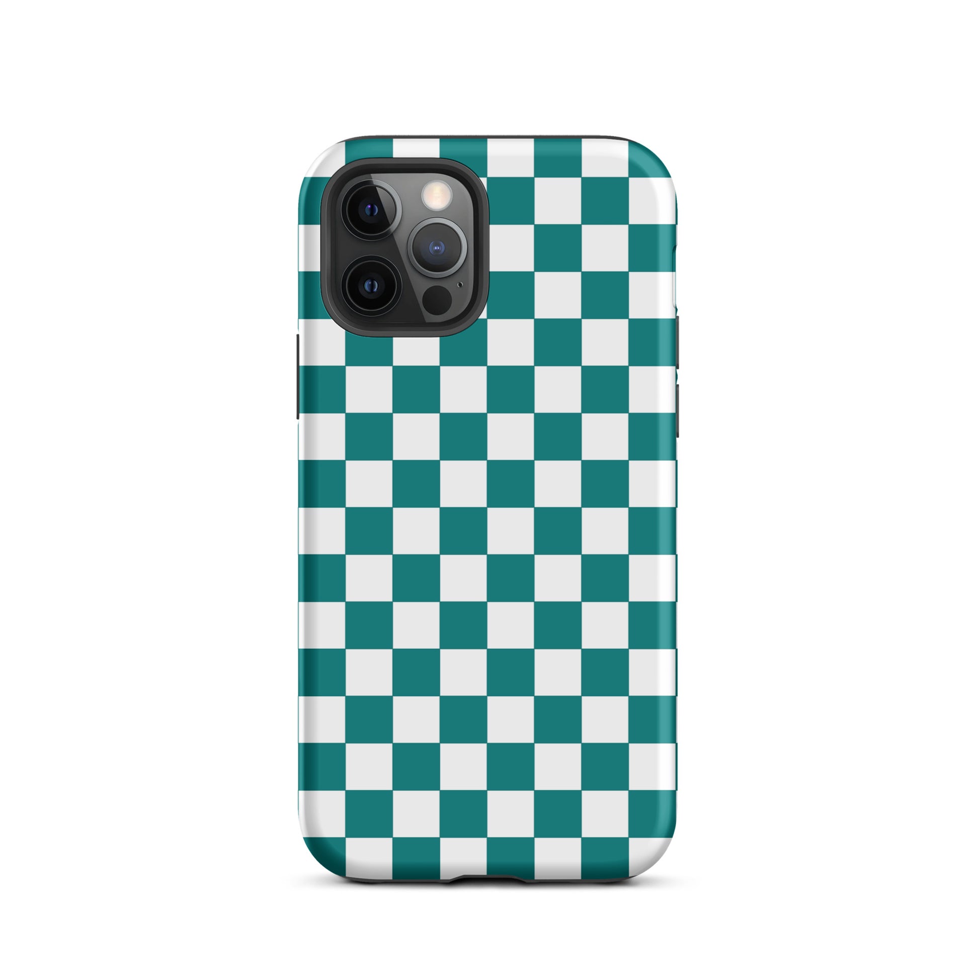Phone Case for iPhone in teal and white checkered design, adding a bold and playful vibe to your device.