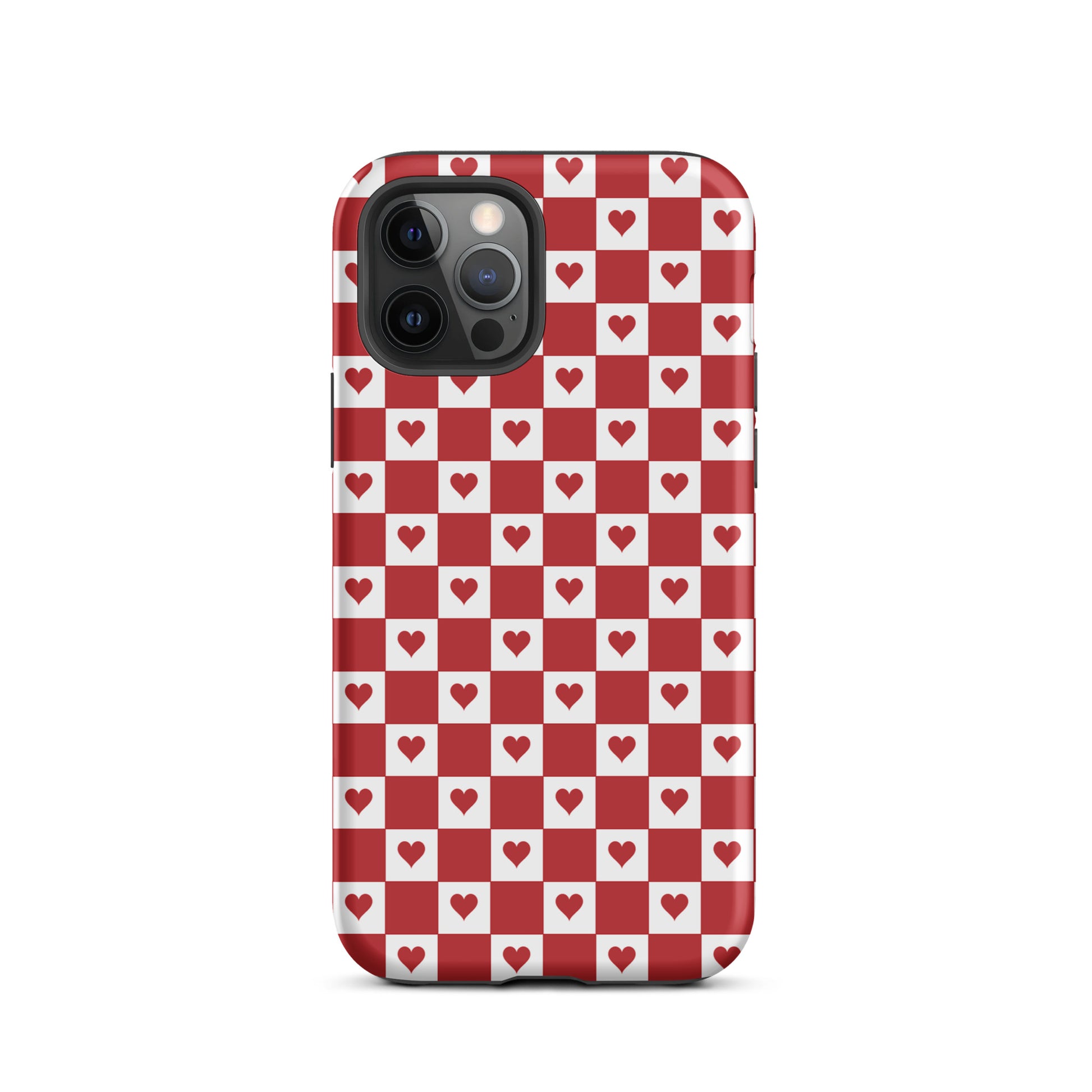 Phone Case for iPhone with red heart checkered design, charming and playful pattern.