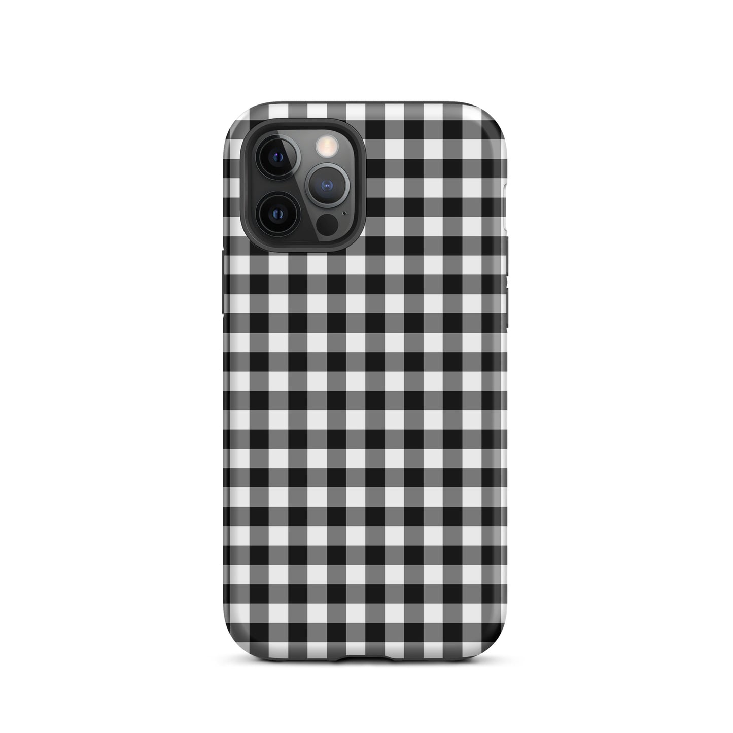 Phone Case with black-and-white gingham pattern, stylish and durable accessory for iPhone.