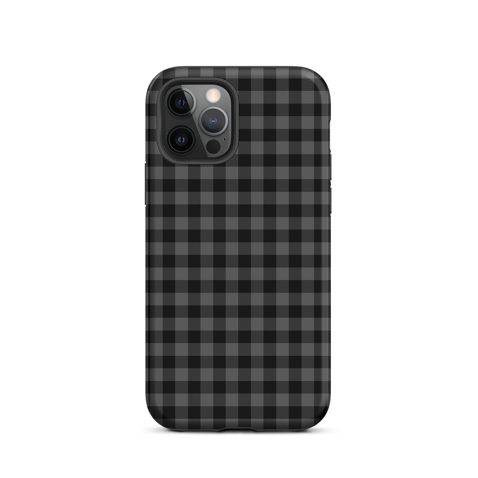 Phone Case with black-and-charcoal gingham pattern for iPhone, combining modern style and durable protection.