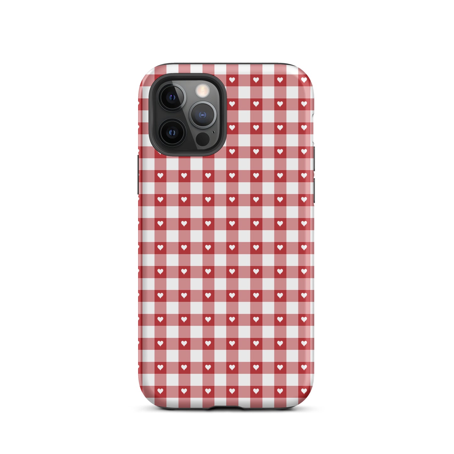 Phone Case with red-and-white gingham pattern and hearts, designed for iPhone, offering style and protection.