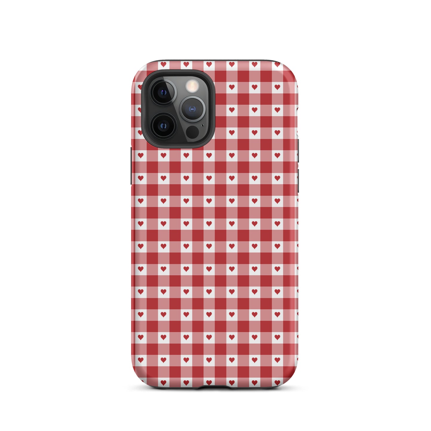 Phone Case with red and white gingham heart pattern for iPhone, stylish design with durable protection.