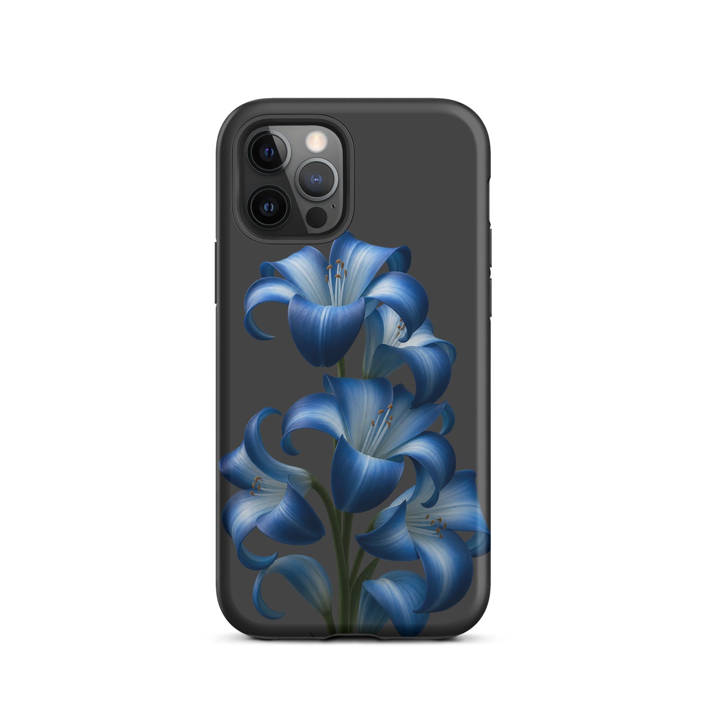 Phone Case for iPhone with blue lily bloom design on a dark background, dual-layer build for protection and style.
