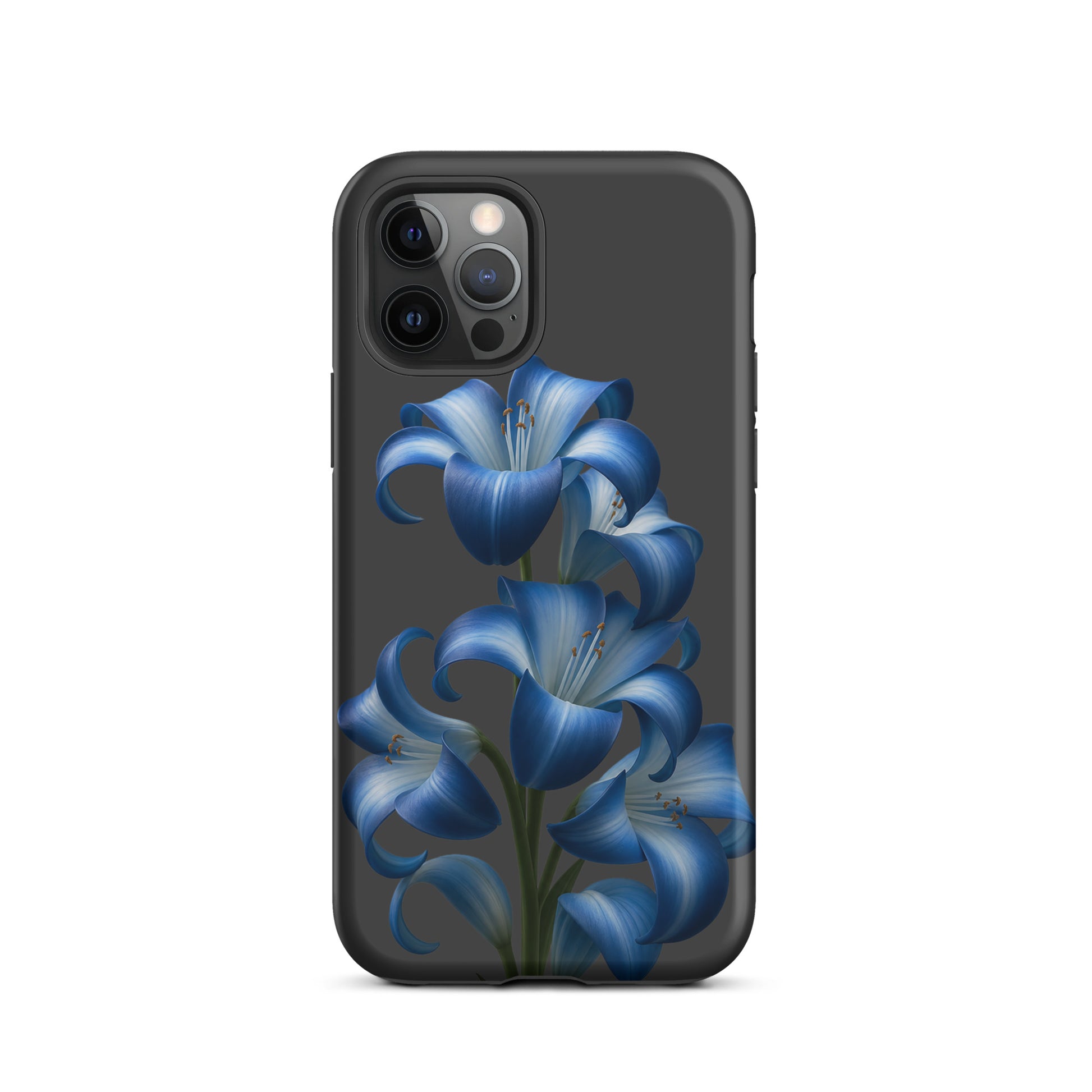 Phone Case for iPhone with blue lily bloom design on a dark background, dual-layer build for protection and style.