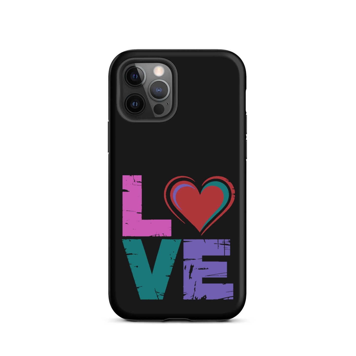 Love Dual Layer Tough Case for iPhones with "Love" design featuring a heart on a black background.