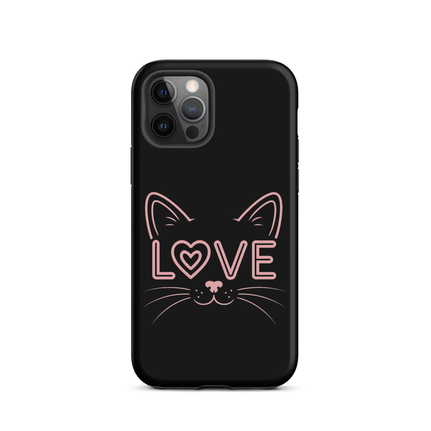 Cat Love phone case for iPhone with minimalist cat face design and 'love' text.