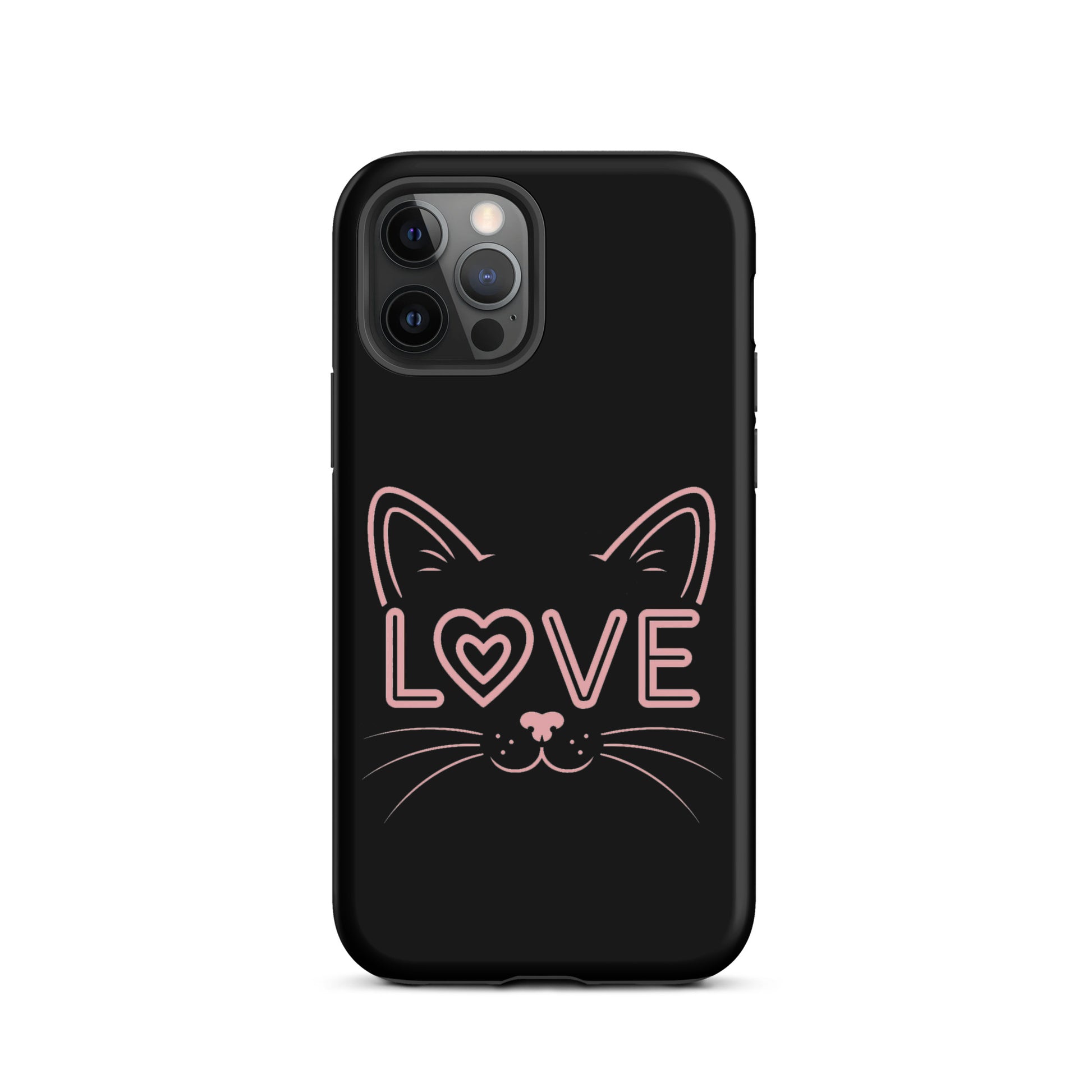 Cat Love phone case for iPhone with minimalist cat face design and 'love' text.