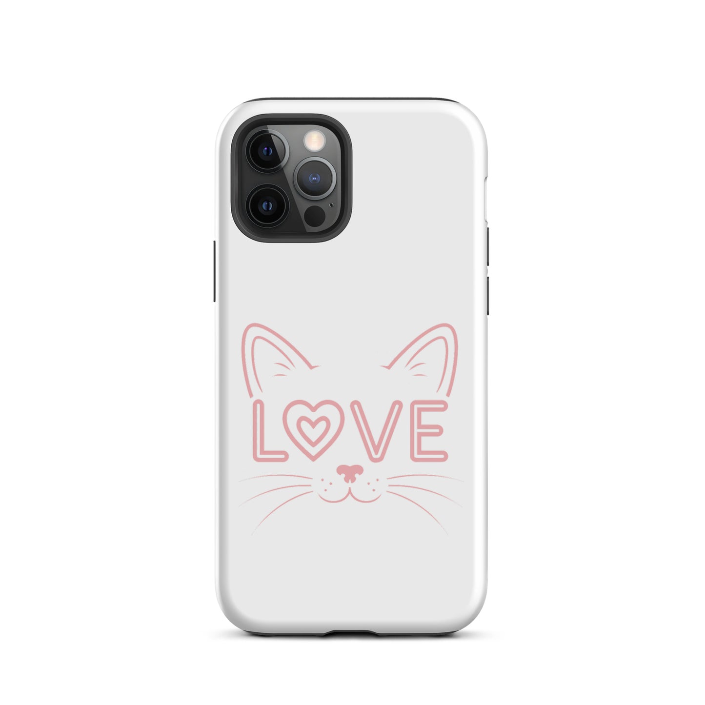 Cat Love phone case for iPhone featuring minimalist cat face design with 'love' text, perfect for feline enthusiasts.