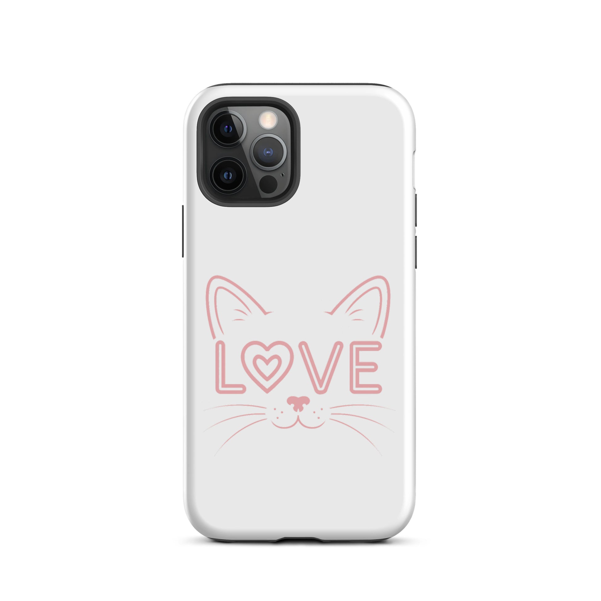 Cat Love phone case for iPhone featuring minimalist cat face design with 'love' text, perfect for feline enthusiasts.