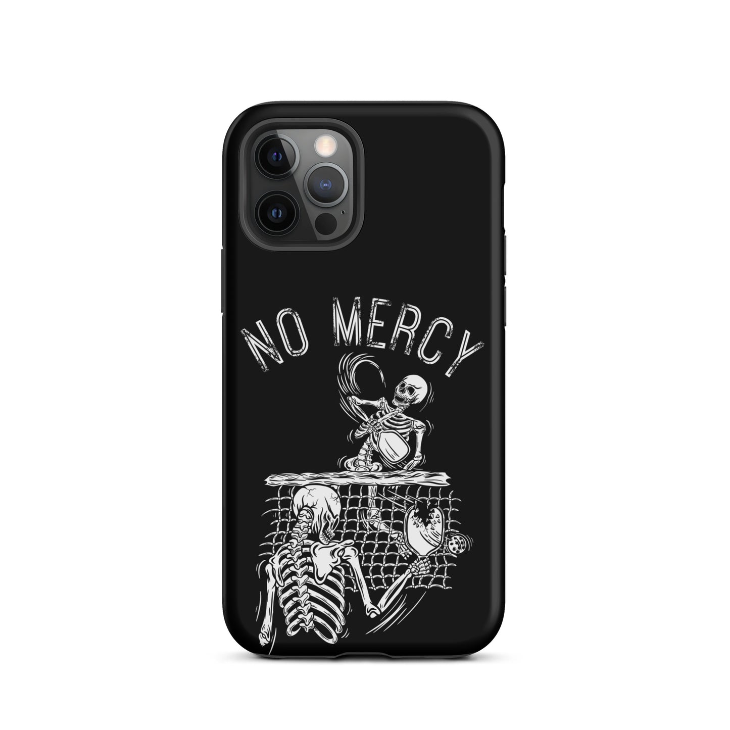 Pickleball iPhone case with skeleton design, "No Mercy" text, perfect for aggressive on-court players seeking style and protection.
