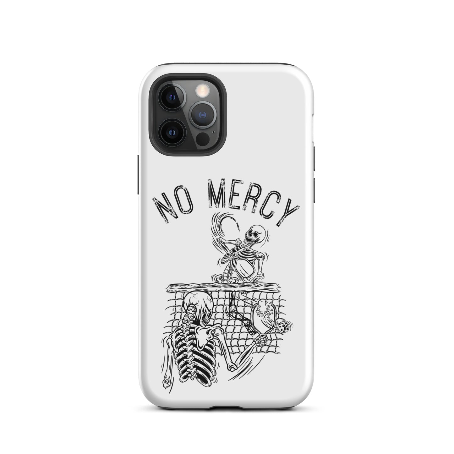 Pickleball iPhone case with 'No Mercy' skeleton design for bold court players, offering durable phone protection.