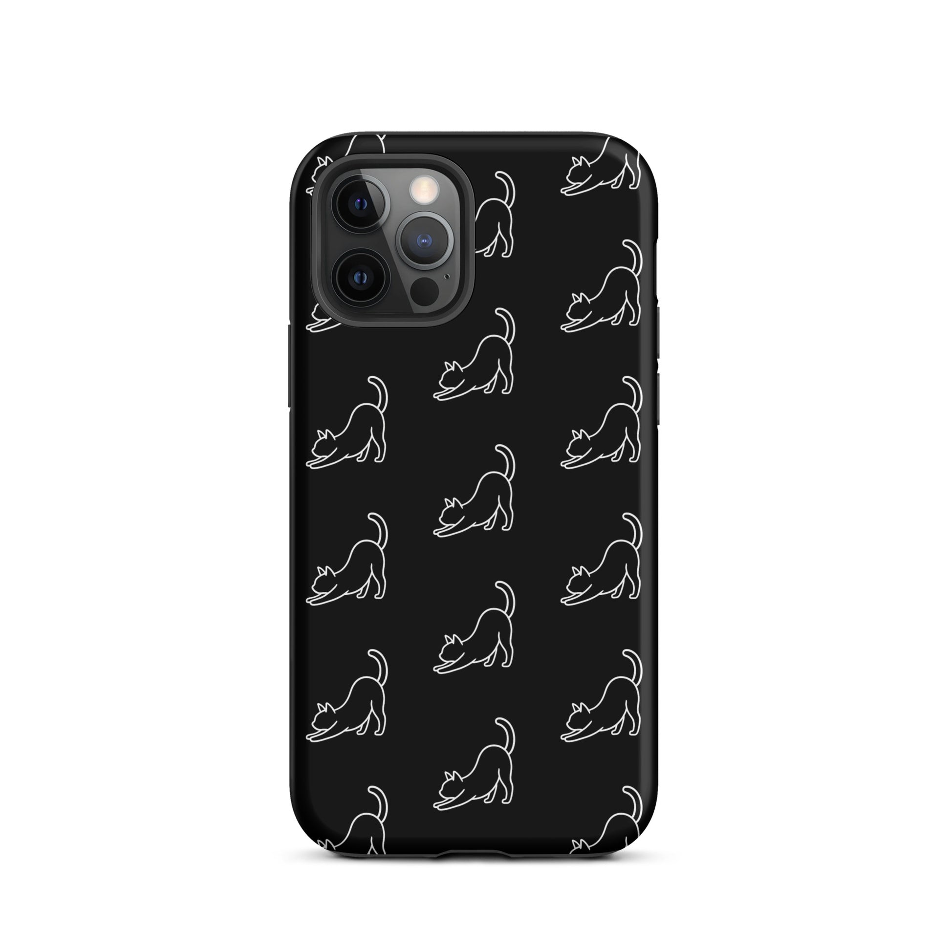 Phone Case for iPhone with minimalist black and white stretching cat pattern, offering stylish design and protection.