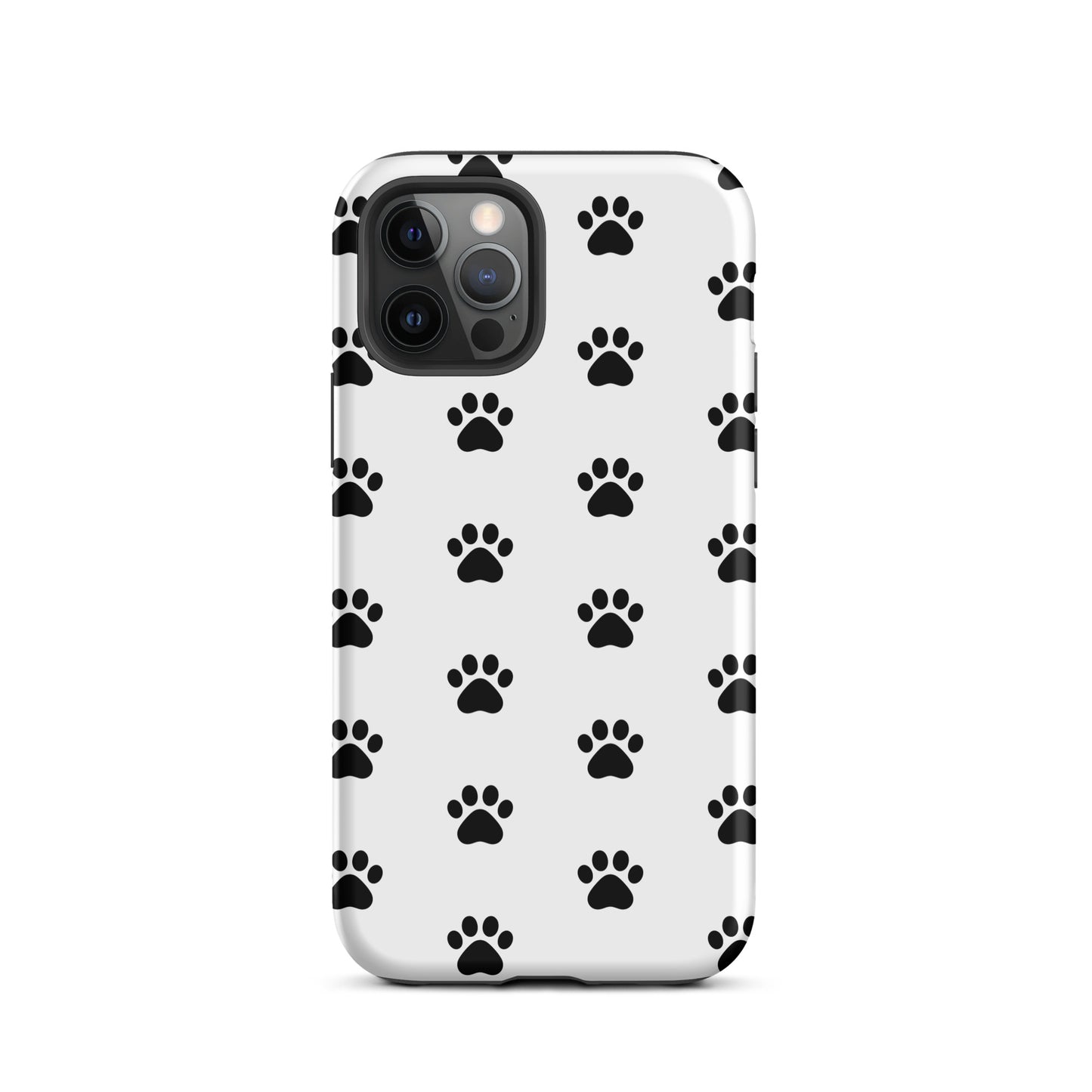 Phone Case with stylish paw print design for pet lovers, featuring black minimalist paw icons on white background. Perfect for cat and dog parents.