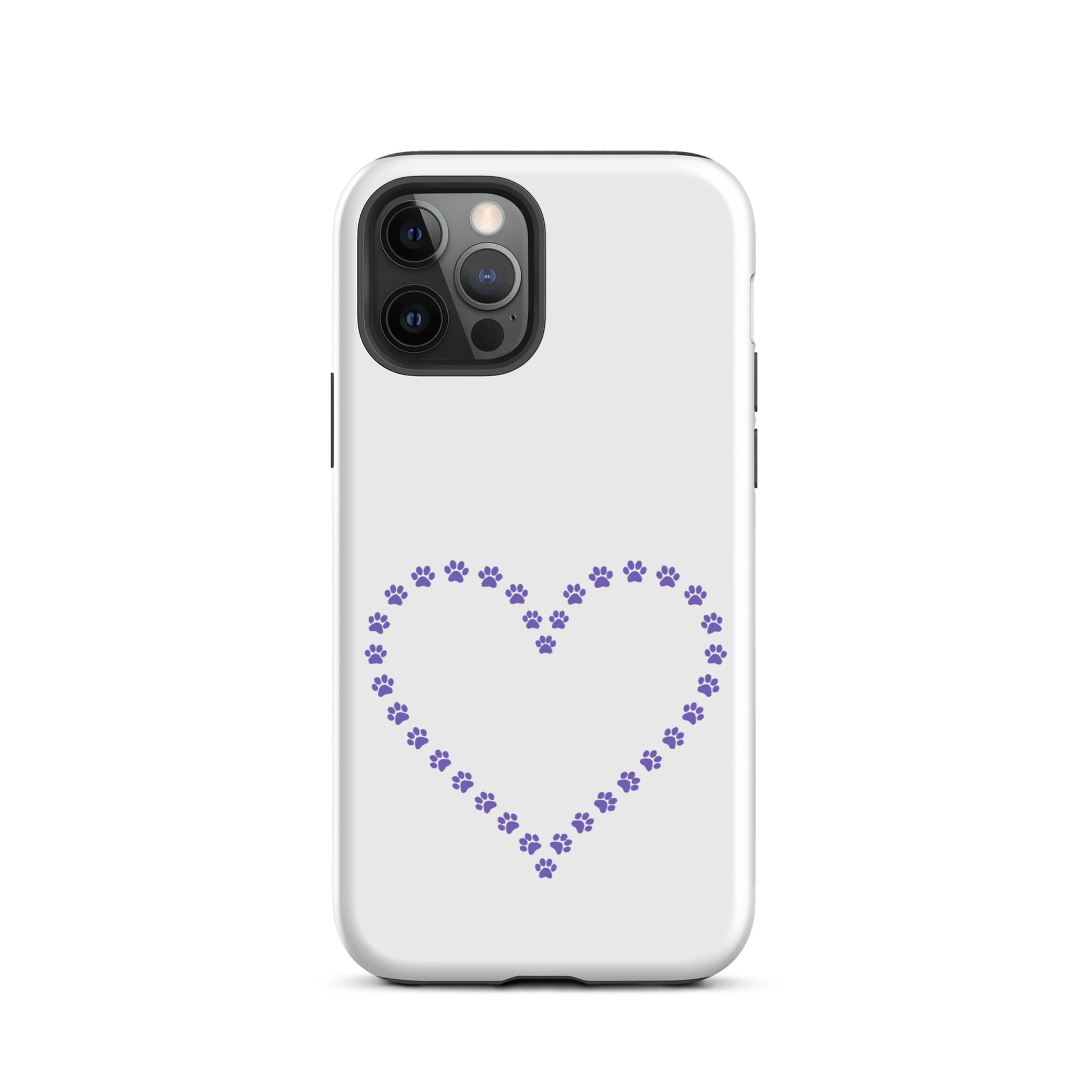 Phone Case for iPhone with purple paw print heart design for pet lovers.