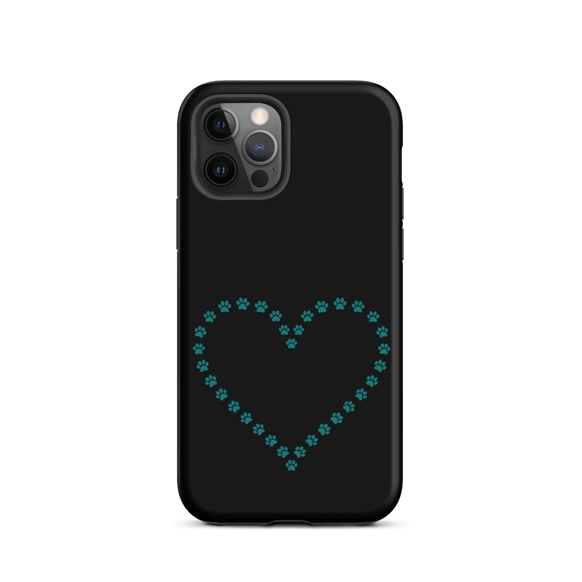 Phone Case with cute paw print heart design on black background for pet lovers, suitable for iPhone, offering charm and protection.