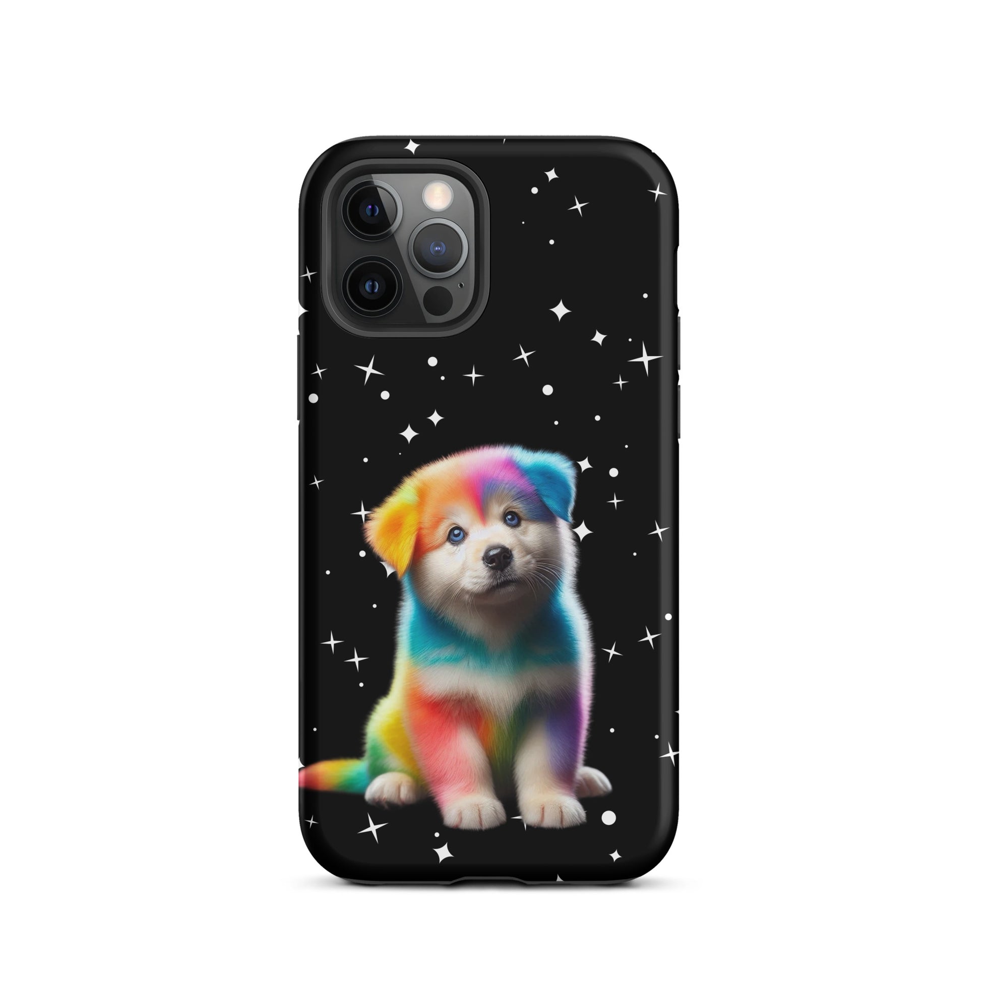 Phone Case with rainbow puppy design against a starry night background, offering vibrant color, cosmic sparkle, and device protection.