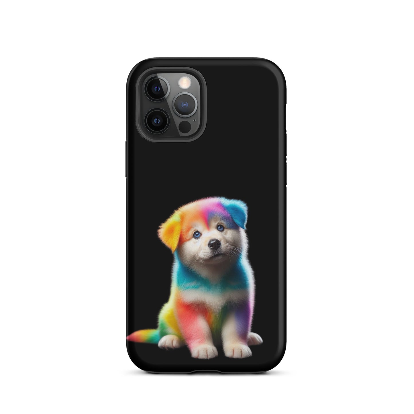Phone Case featuring rainbow puppy against night sky, vibrant colors and cosmic sparkle, iPhone protection accessory.