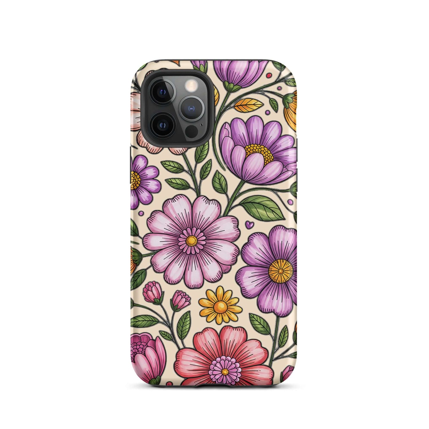 Phone Case for iPhone with pastel floral design featuring pink, peach, lavender, and yellow flowers against a deep background.