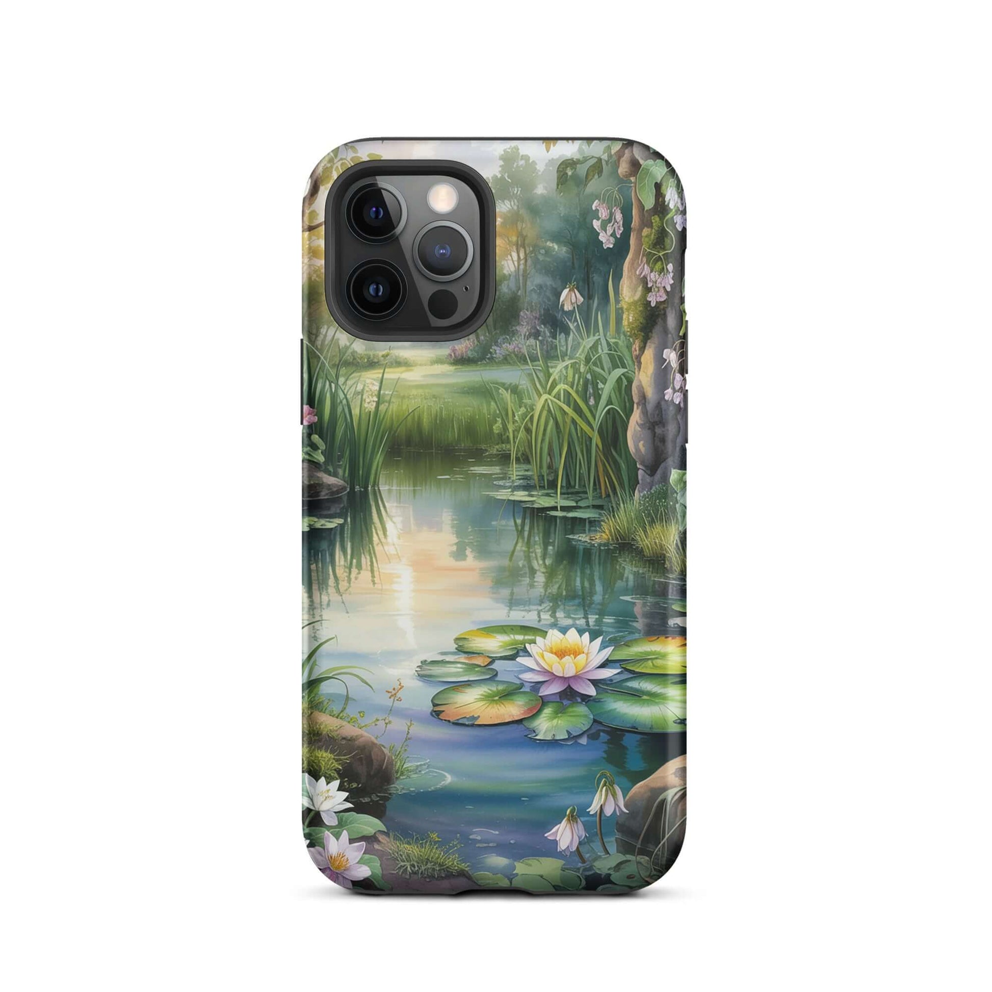 Phone Case for iPhone with enchanted pond design featuring water lilies and lush greenery