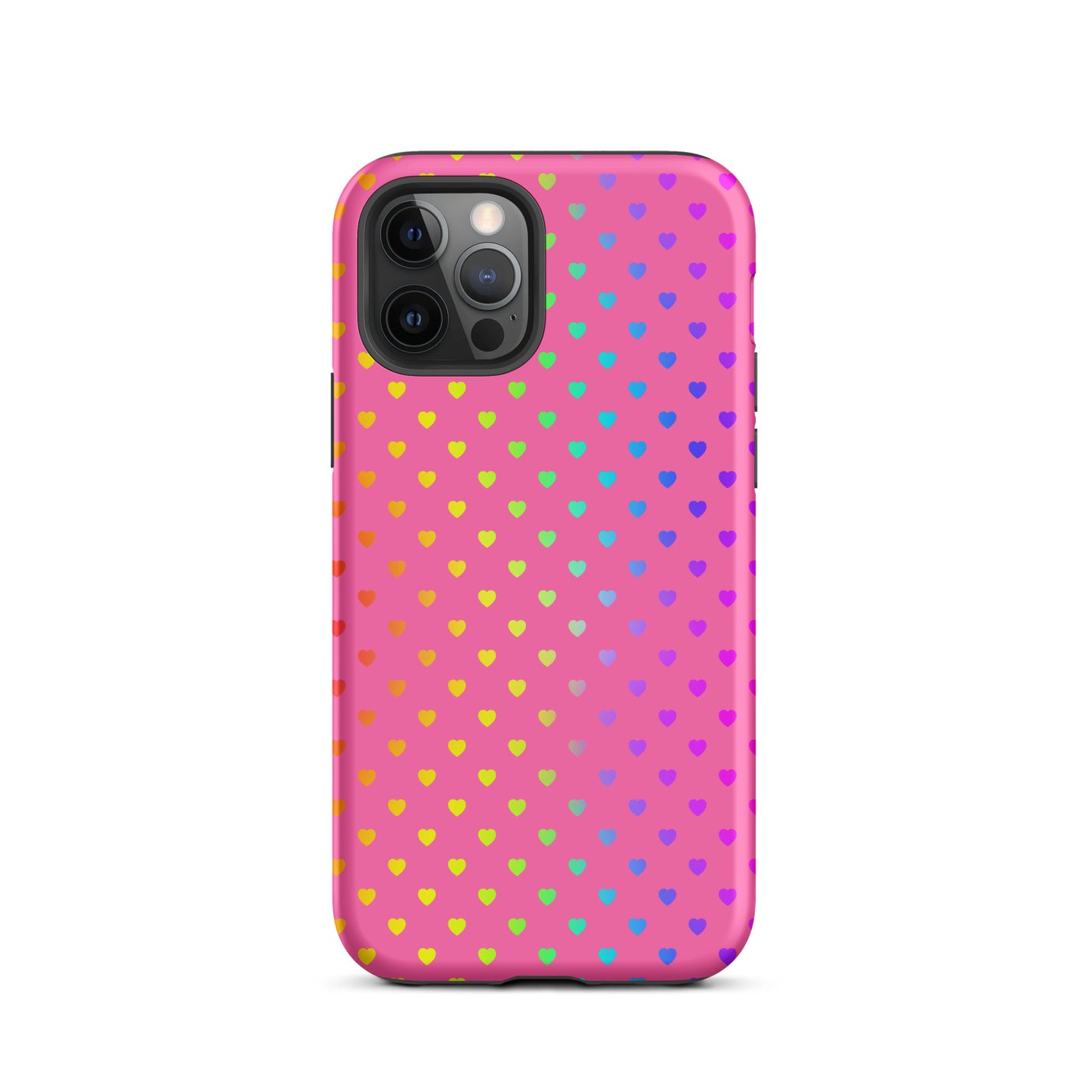 Phone Case for iPhone with cute rainbow hearts on bright pink, dual-layer protection.