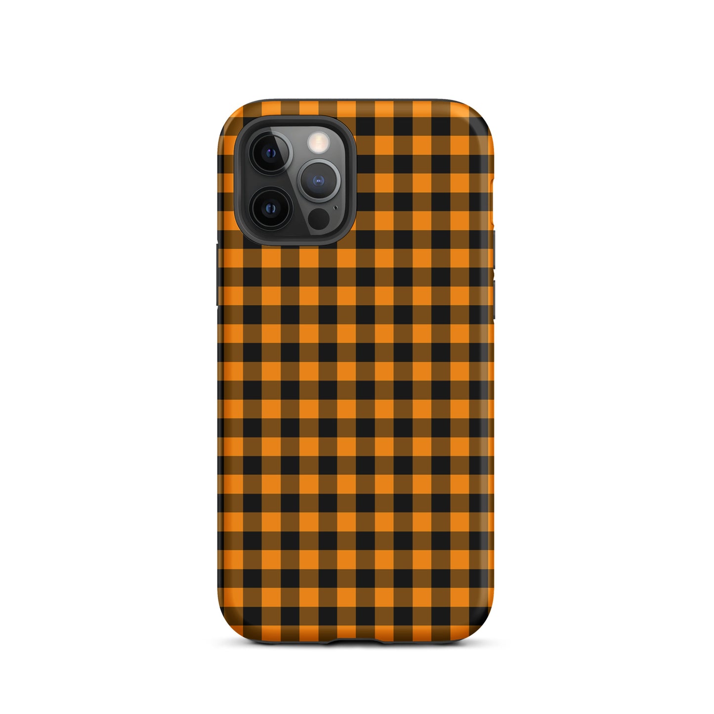 phone case with black-and-orange gingham autumn theme for iPhone