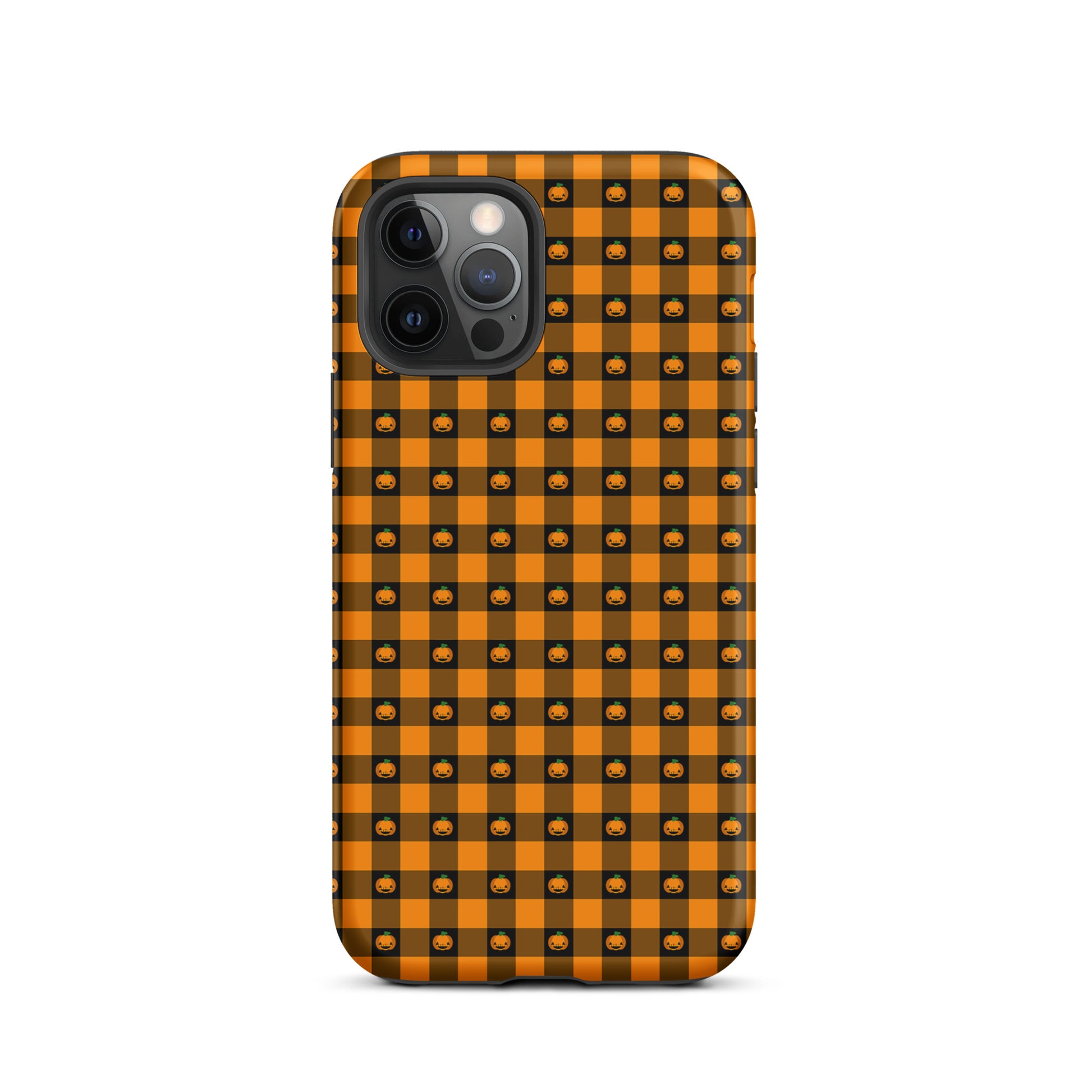 Phone Case for iPhone with playful pumpkin gingham Halloween design, featuring jack-o’-lantern faces on a bold checkered pattern.