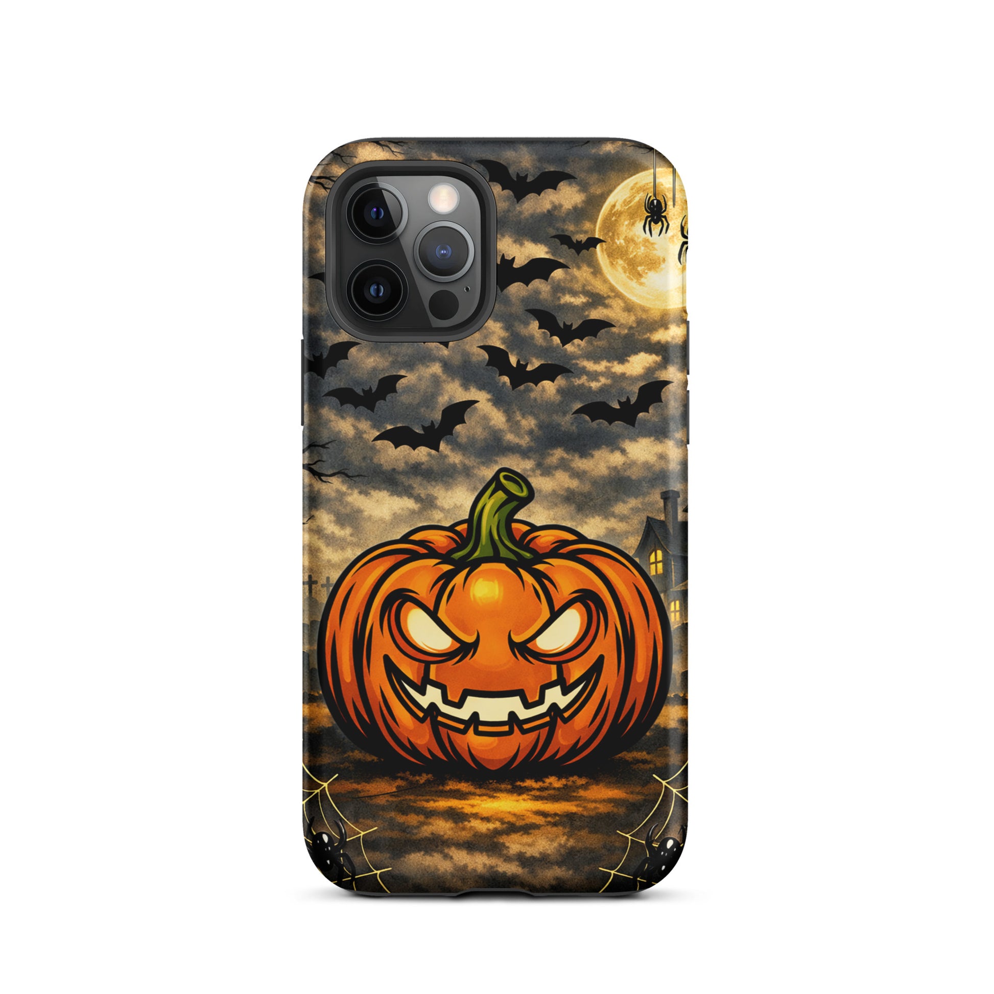 Phone Case for iPhone featuring a Halloween scene with a glowing jack-o’-lantern, bats, haunted house, and moonlit clouds.